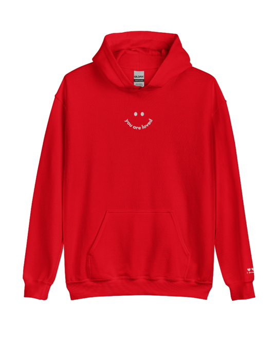 YOU ARE LOVED Smiley Embroidered Hoodie | Red