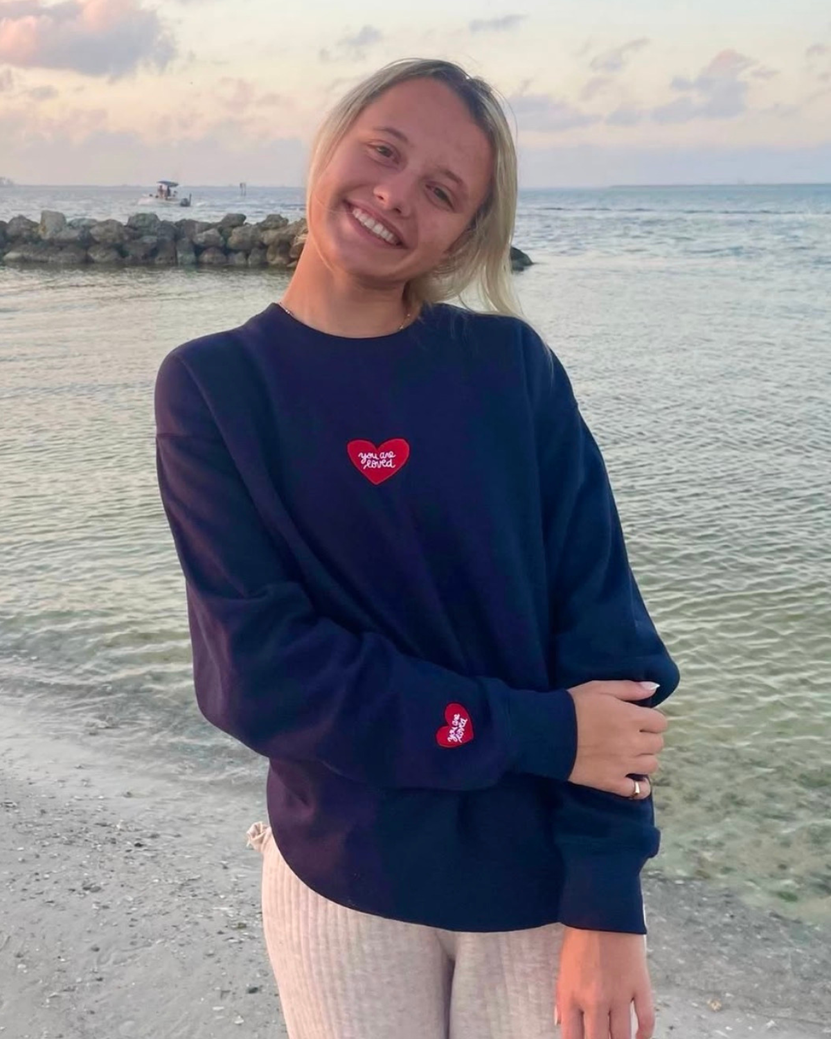 YOU ARE LOVED Embroidered Navy Heart Crewneck